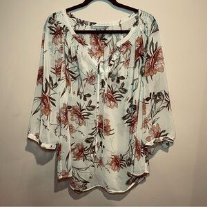 💚Daniel Rain tan floral print 3/4 sleeves Boho Casual Versatile Sophisticated